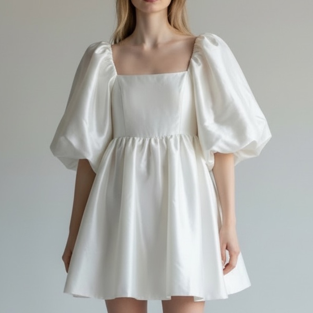 Ivory Puff-Sleeve Mini Bubble Dress with Square Neckline